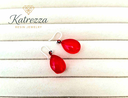 Red resin teardrop earrings for girls – handmade jewelry

