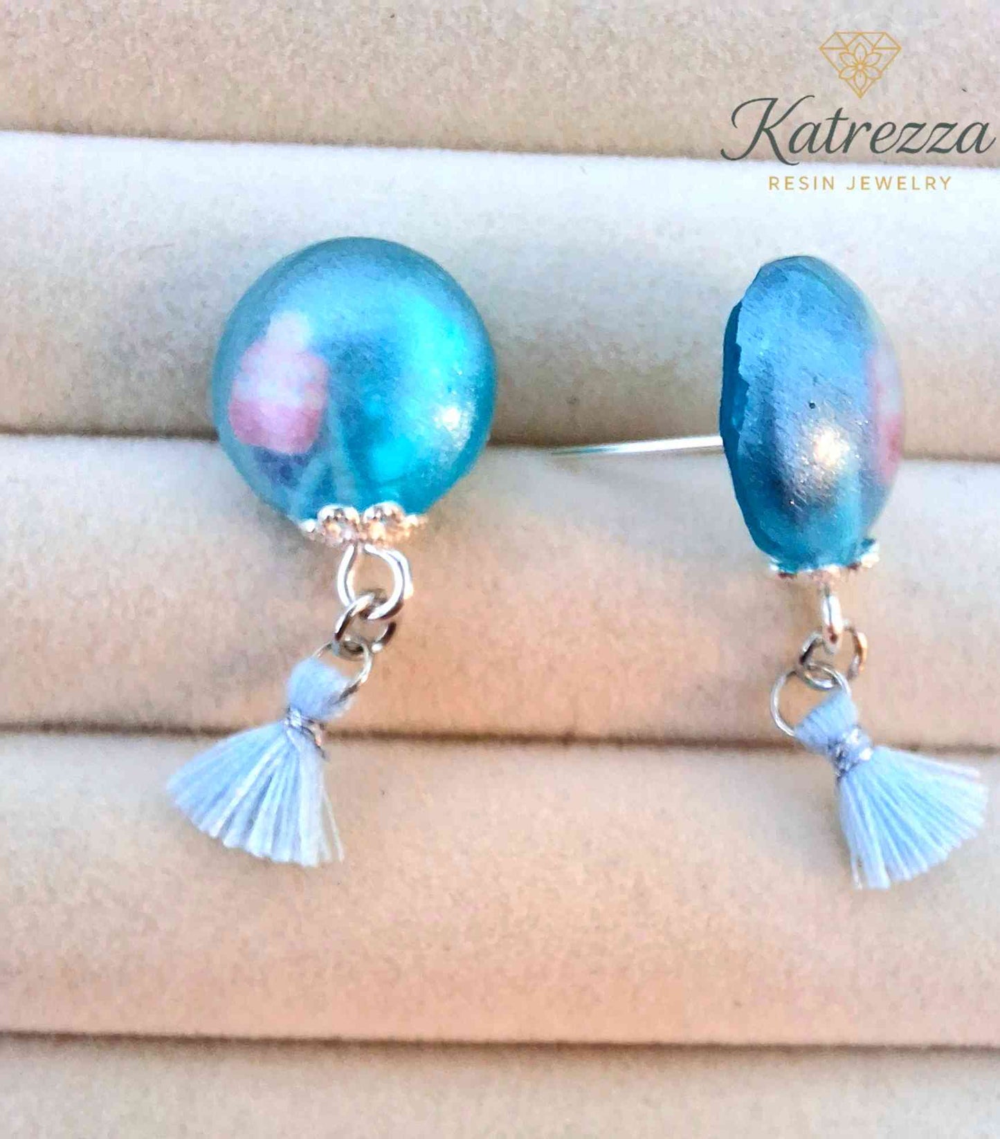 Blue Resin Stud Earrings with Tassel | Cute Handmade Jewelry