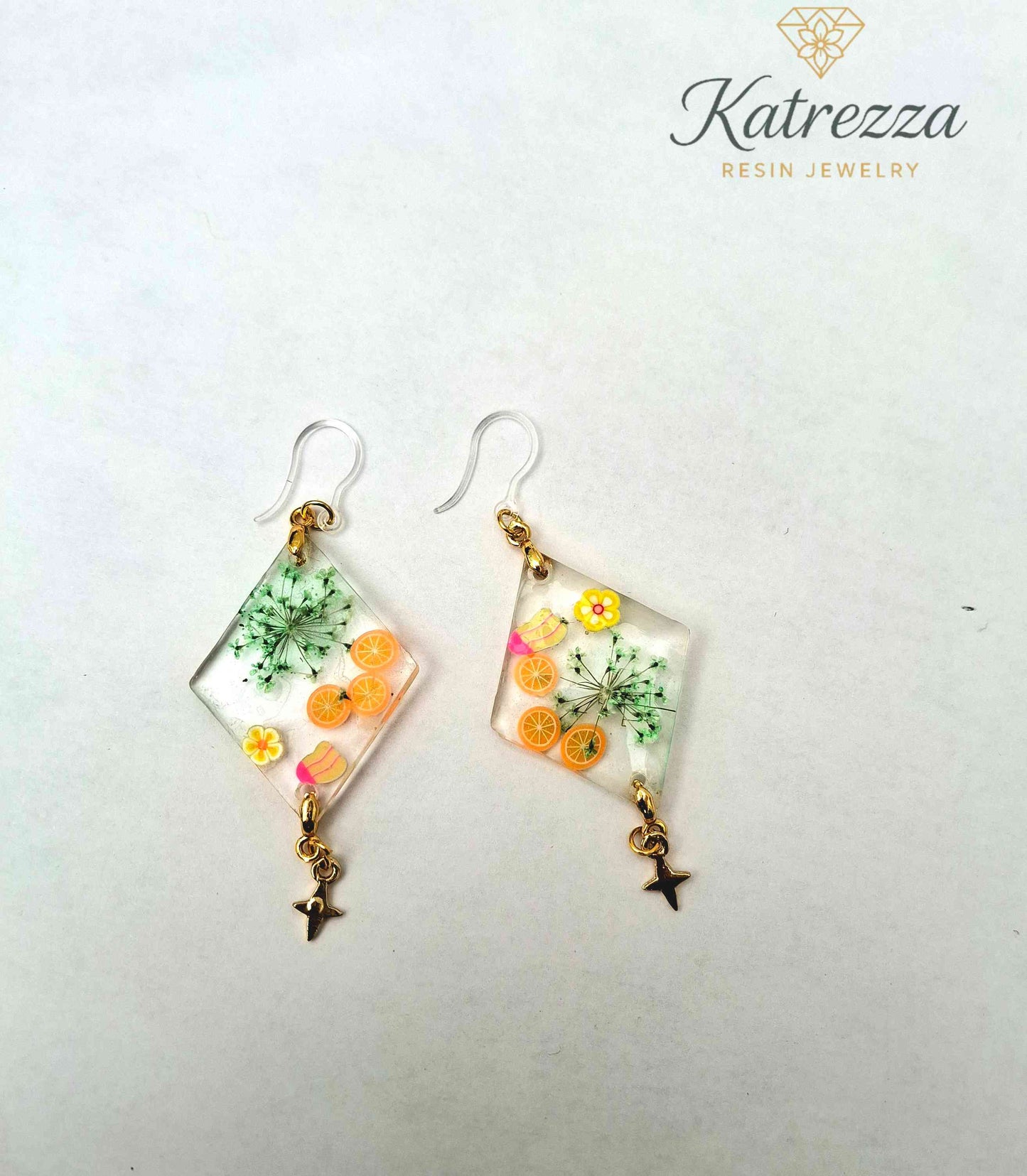 Handmade Resin Earrings with Real Flowers, Fruit Slices & Gold Star Charm | Summer Statement Jewellry